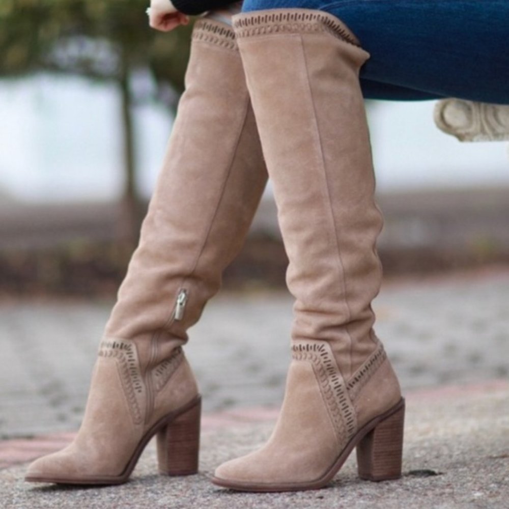 Vince Camuto Western Taupe Leather Over Knee Boot - Picture 3 of 10